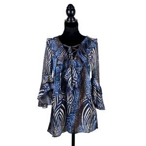 Metric Animal Print Whimsigoth Avant Garde LaceUp Boho Ruffle Flowy Blouse Dress